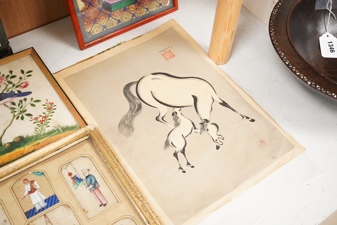 Chinese School, 19th century, Four framed pith paintings of figures boats and birds in landscapes and a Wakyosai woodblock print, largest 38 x 28cm, one unframed